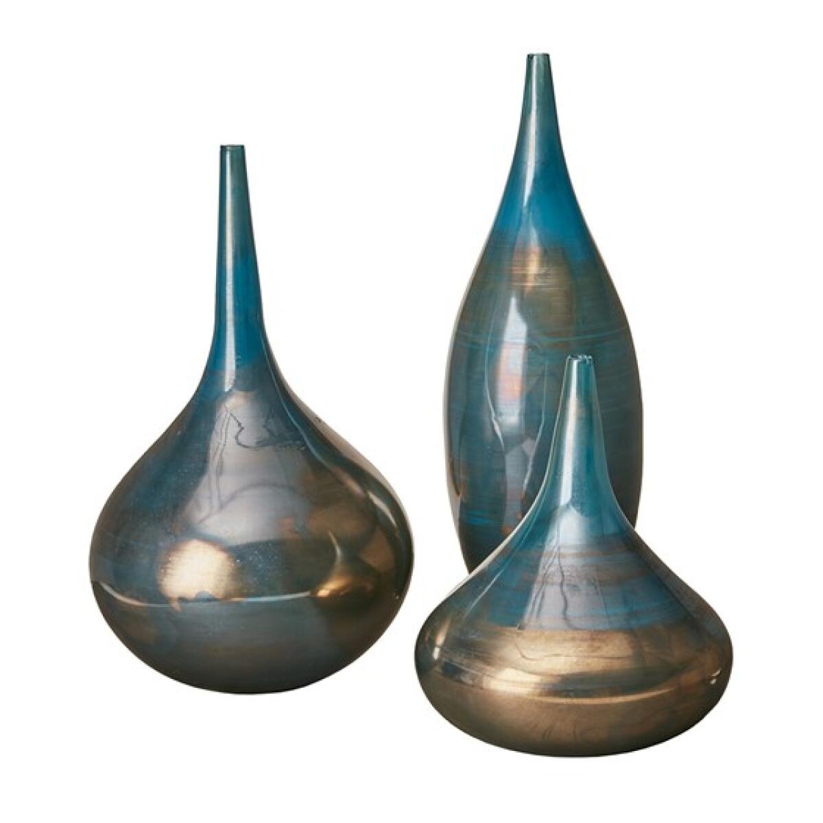 Aurora Blue and Bronze Decorative Glass Vases 3-piece Set- Blue Metal Aurora Blue and Bronze Decorative Glass Vases 3-piece Set- Blue Metal - Image 1