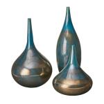 Aurora Blue and Bronze Decorative Glass Vases 3-piece Set- Blue Metal