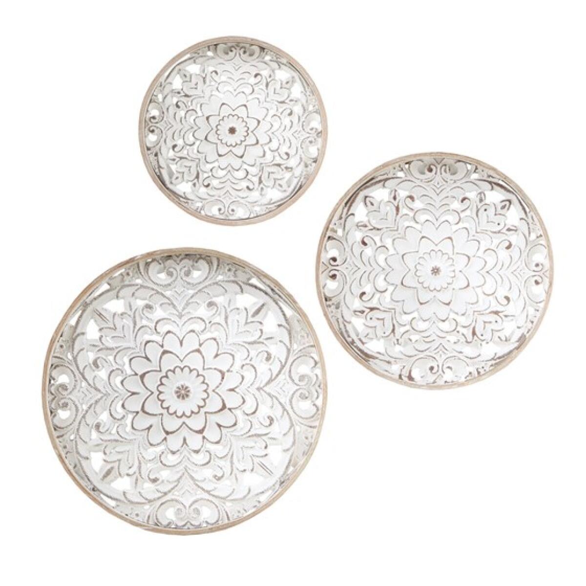 Medallion Trio Distressed White Floral 3-piece Carved Wood Wall Decor Set- Natural/White Medallion Trio Distressed White Floral 3-piece Carved Wood Wall Decor Set- Natural/White - Image 1