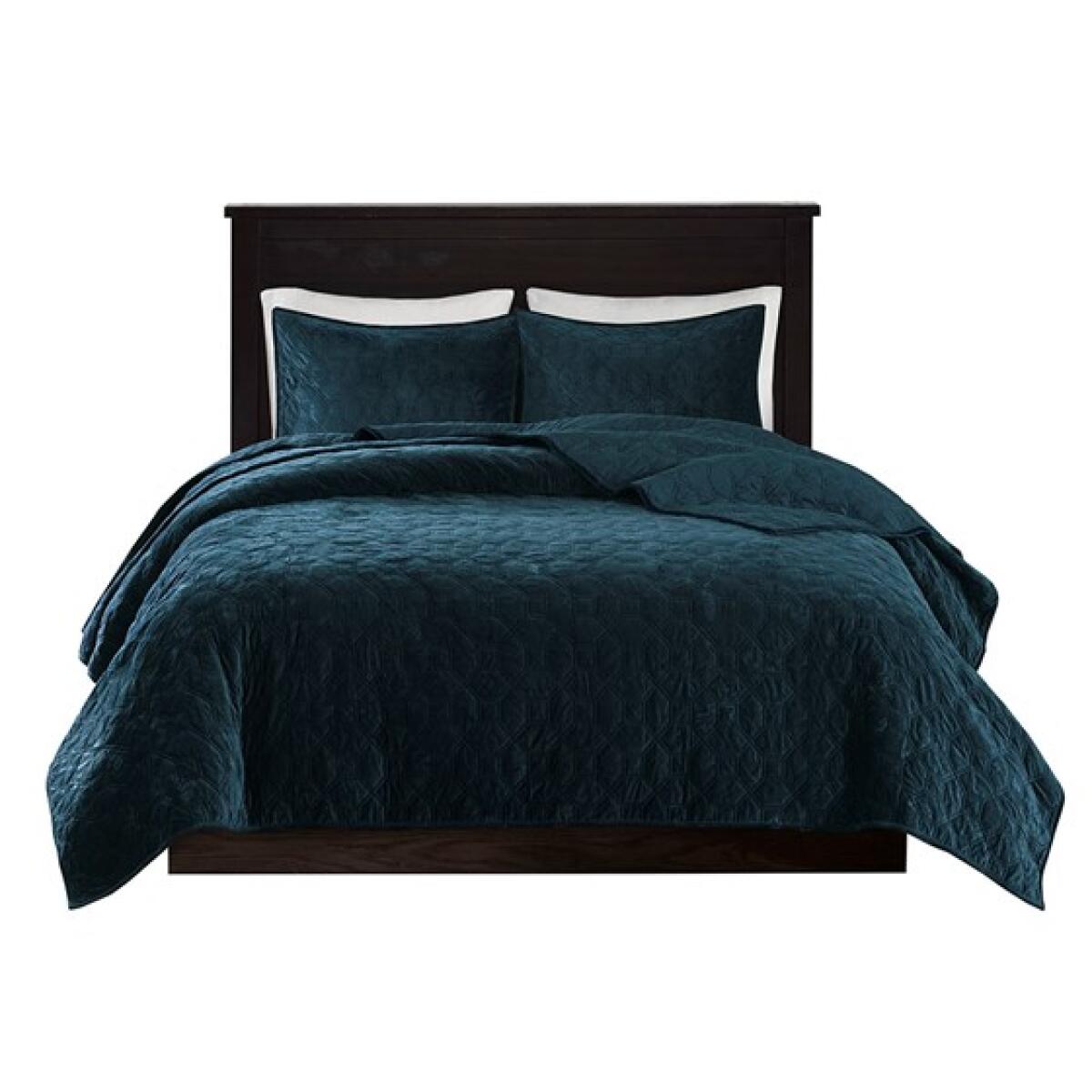 Harper Full/Queen 3 Piece Velvet Quilt Set- Teal Harper Full/Queen 3 Piece Velvet Quilt Set- Teal - Image 1